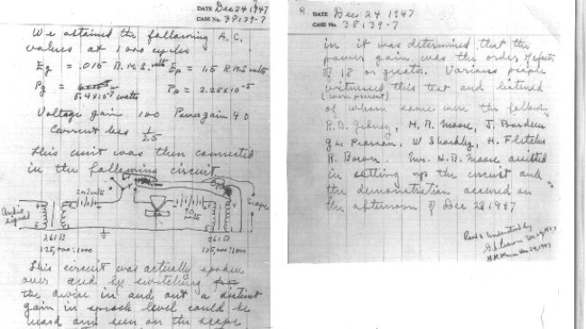 沃尔特布拉特在发现晶体管效果时，1947年的笔记本输入记录